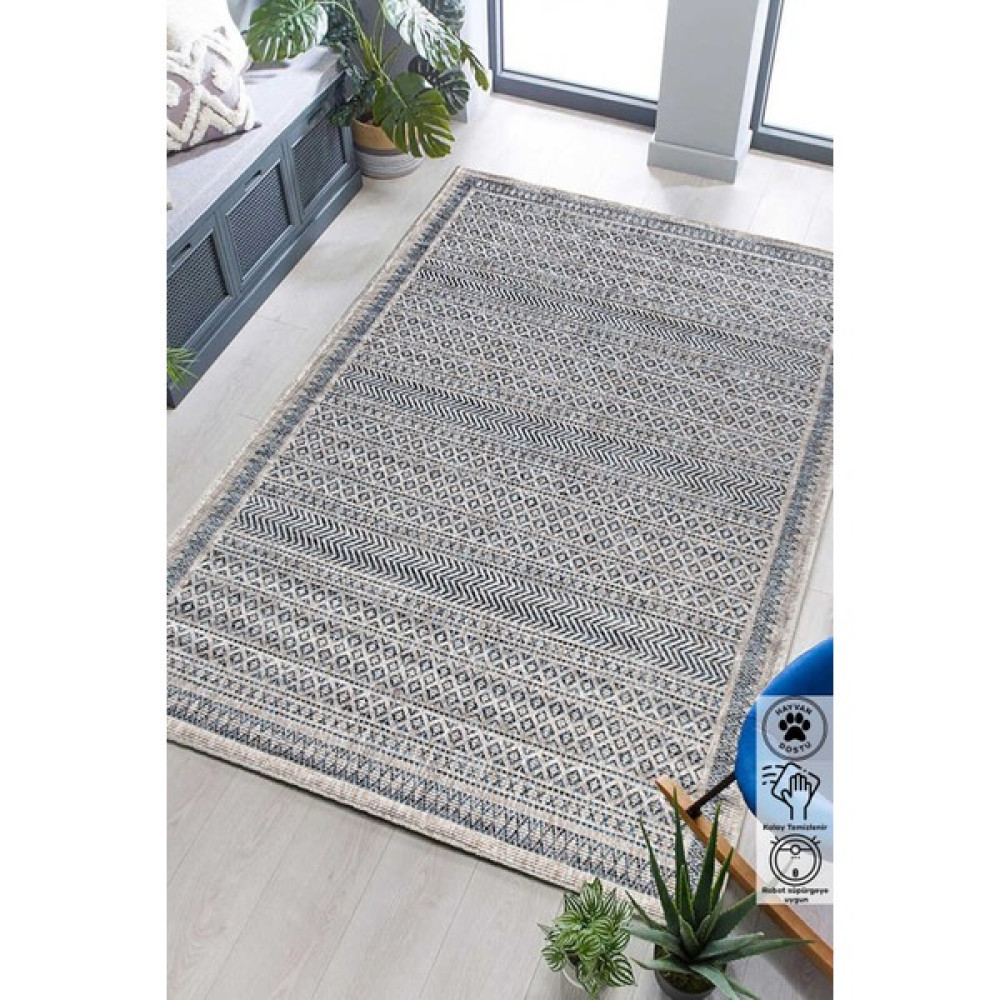 Ephesus Geometrik Etnik Desenli Salon Halısı Çocuk Odası Mutfak Bahçe Balkon Iç ve Dış Mekan Halısı - 140 x 220 cm - Krem - Mavi Salon Halısı Fiyatı
