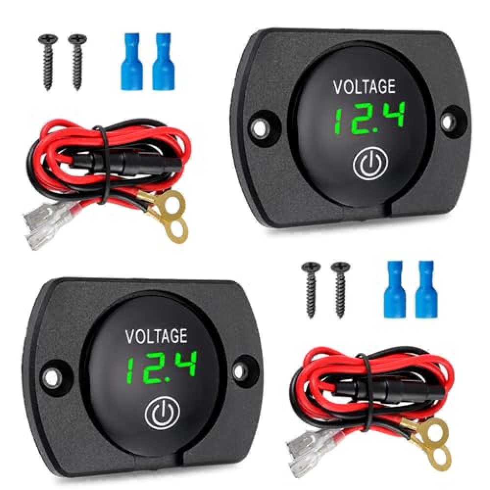 EPLZON 2 Pack DC 12V 24V Volt Meter Battery Voltage Gauge Digital Gauge Waterproof Voltmeter with Touch Switch and Mounting Plate Round for Boat Marine Motorcycle Truck(Green Light)