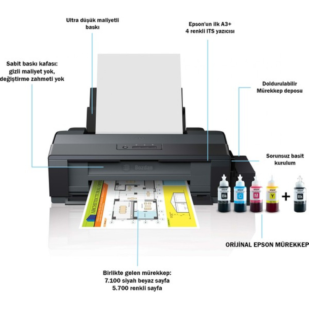 Epson L1300 ITS Renkli A3+ Mürekkep Tanklı Yazıcı Orijinal Epson Mürekkep 4 x 70 ml + 1 Ekstra Siyah Mürekkep  C11CD81403 Yazıcılar Fiyatı