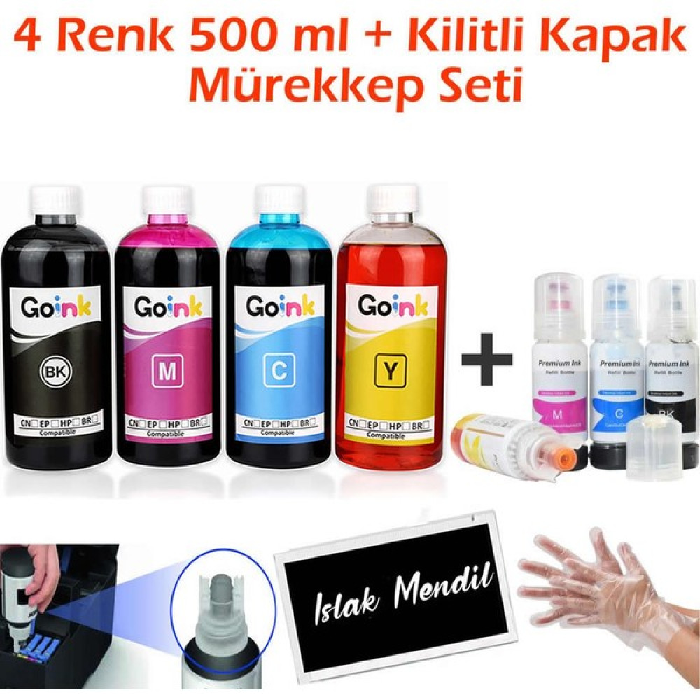 Epson L3150 4X500 ml Mürekkep + Kilitli Kapak Mürekkep Seti (Muadil) - Renkli Kartuşlar Fiyatı