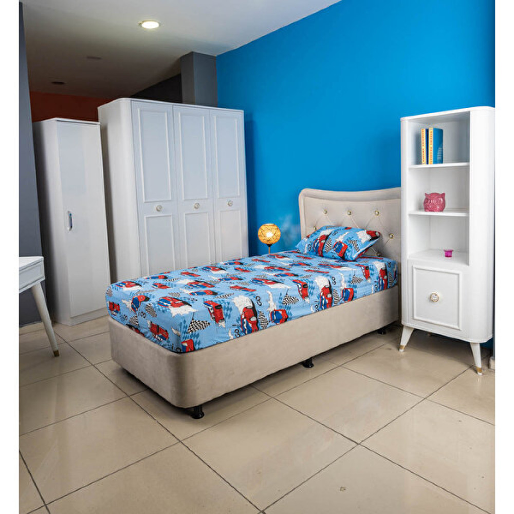 Eren Home Tek Kişilik Erkek Çocuk Kırmızı Arabalı Lastikli Çarşaf ve Yastık Kılıfı 100X200 - 100 x 200 cm - Açık Mavi Çarşaf Fiyatı