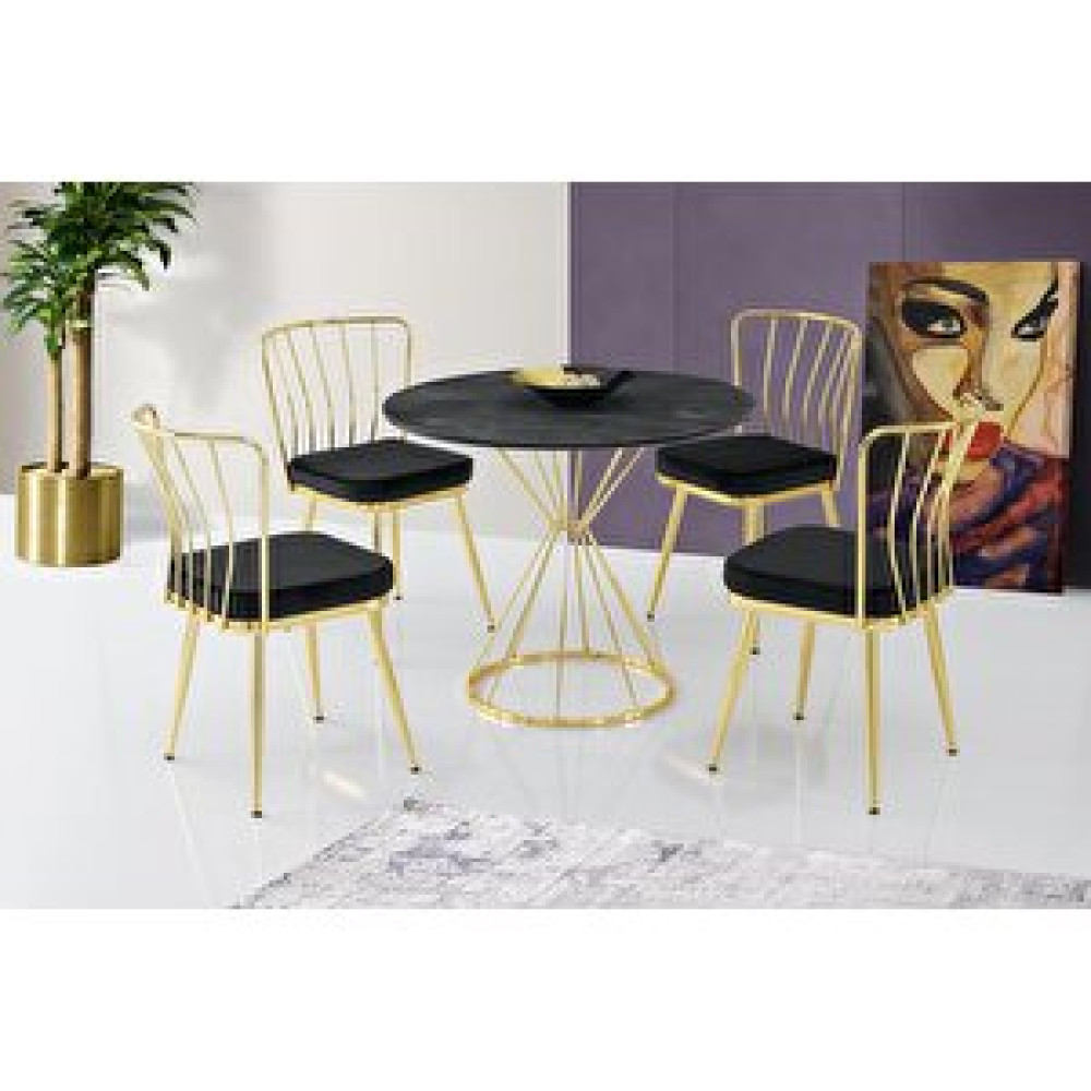 Erezoğulları Kum Saati High Gloss Siyah Gold Mutfak Masa 4 Sandalye Seti 90cm Yemek & Mutfak Masası Fiyatı