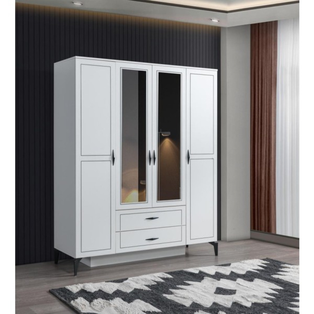 Erezoğulları Mobilya Çizgi 4 Kapılı 2çekmeceli Gardırop Elbise Dolabı 160 x 55 x 200 cm - Beyaz Gardrop & Dolap Fiyatı