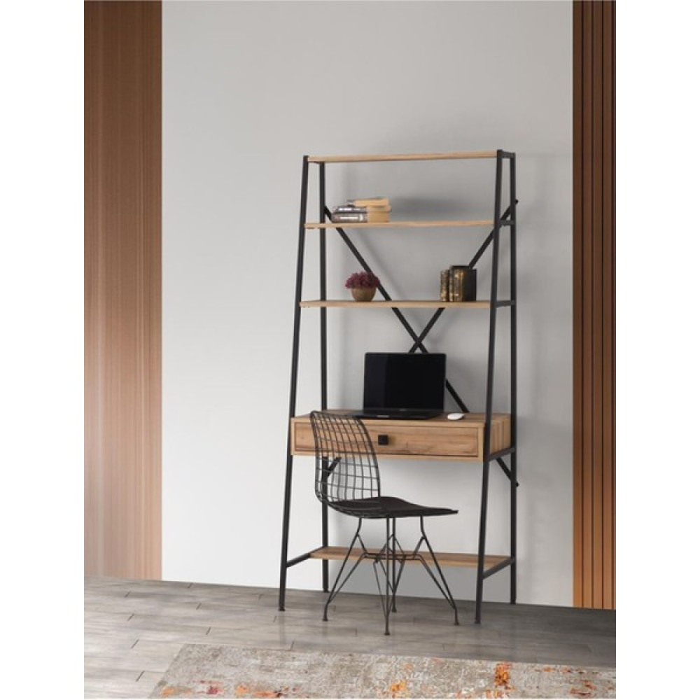 Erezoğulları Mobilya Ferforje Çekmeceli Kitaplıklı Çalışma Masası 84 x 50 x 180 cm - Y: 180 cm D: 50 cm G: 84 cm - Ceviz Çalışma Masası Fiyatı