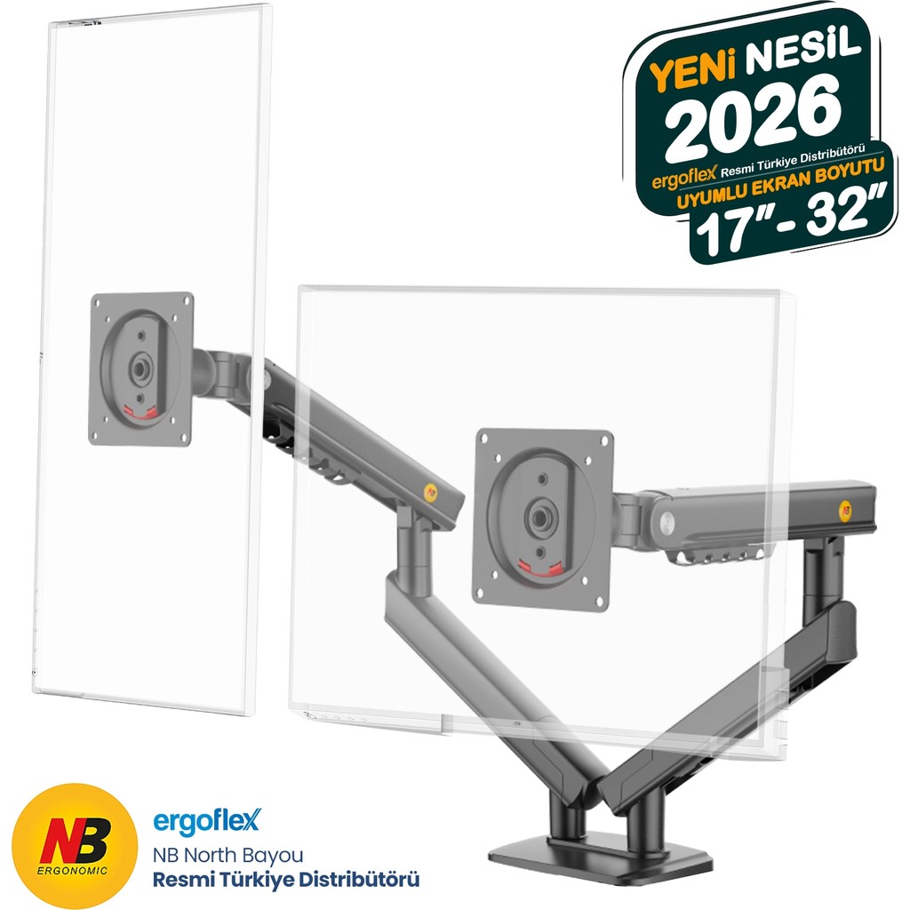 Ergoflex North Bayou NB A5C 17-32 Inch Çift Kol 2-9 kg Monitör Standı 2026 Versiyon - Antrasit Monitör Aksesuarları Fiyatı