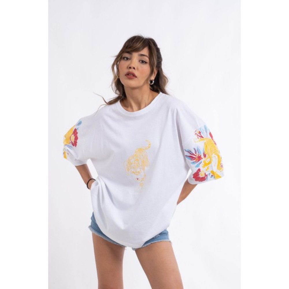 Ergur Kaya Beyaz Kaplan Baskı Tshirt Elbise Fiyatı