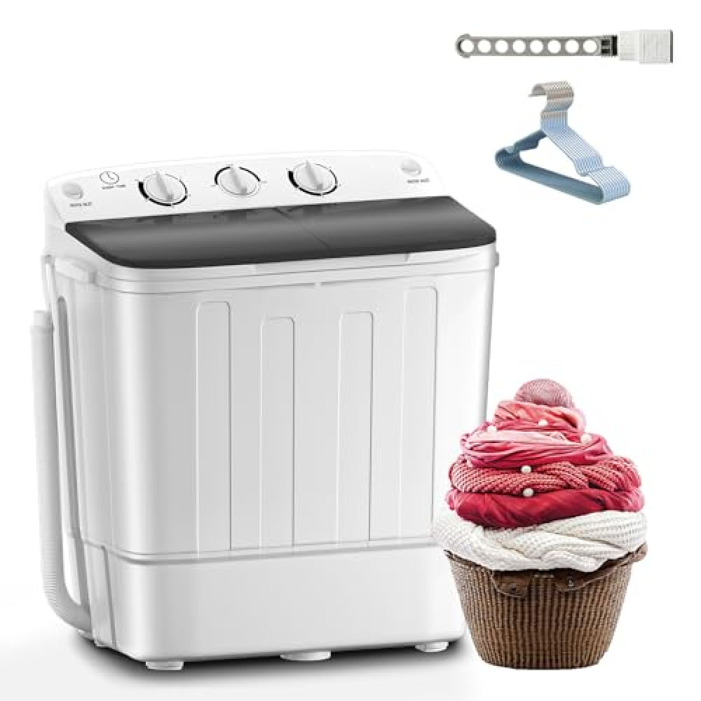Erivess Portable Twin Tub 18lbs Washing Machine with Drying Rack and 10 Hangers, 11lbs Washer Mini Compact Laundry Machine with 7lbs Spinner, Semi-automatic Washer Combo for Dorms, Apartment