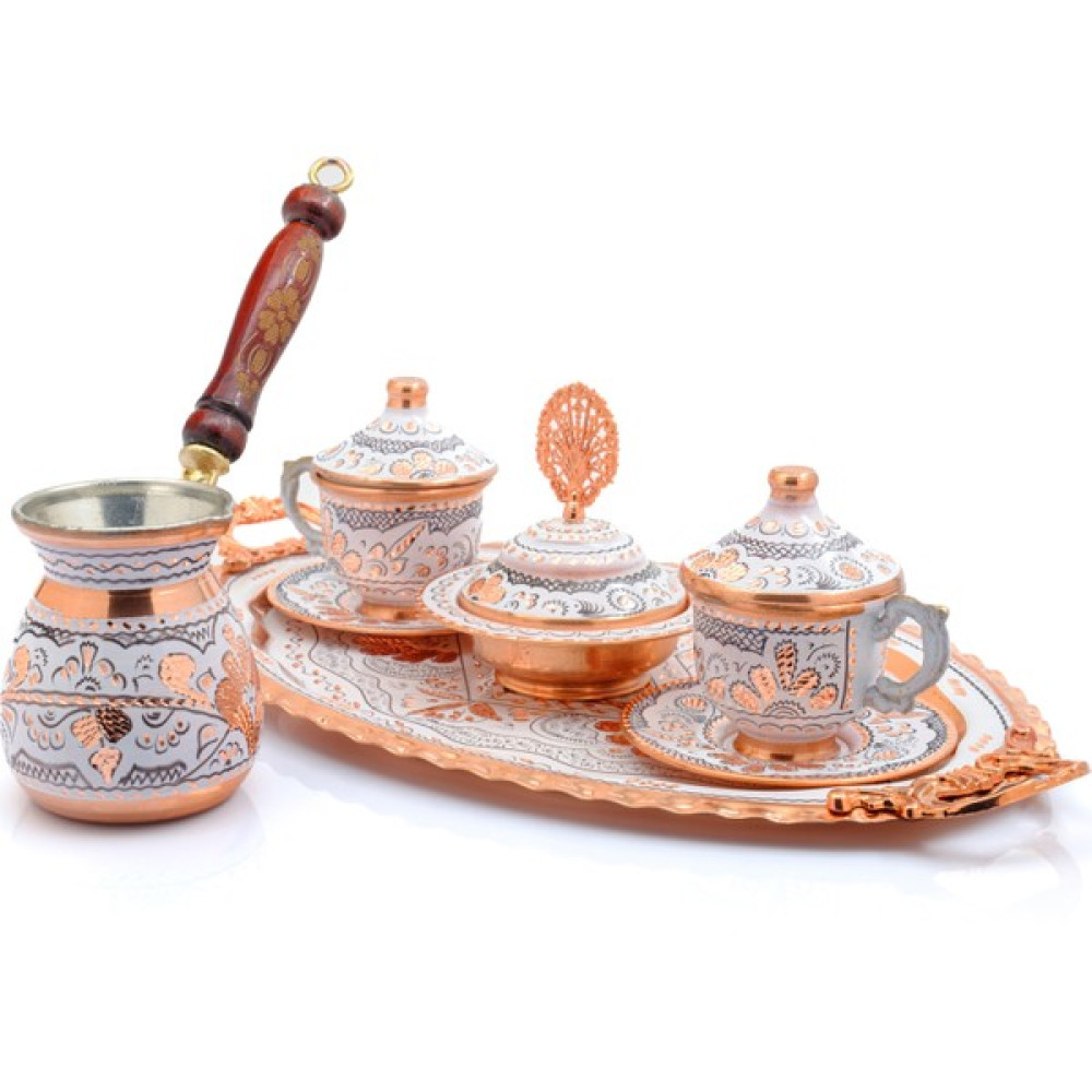 Eriza 2 Kişilik Işlemeli Cezveli Bakır Fincan Seti, Takımı ( Tepsi + Lokumluk + 2 Adet Fincan + Cezve ) - Beyaz Fincan / Bardak / Kahve Takımı Fiyatı