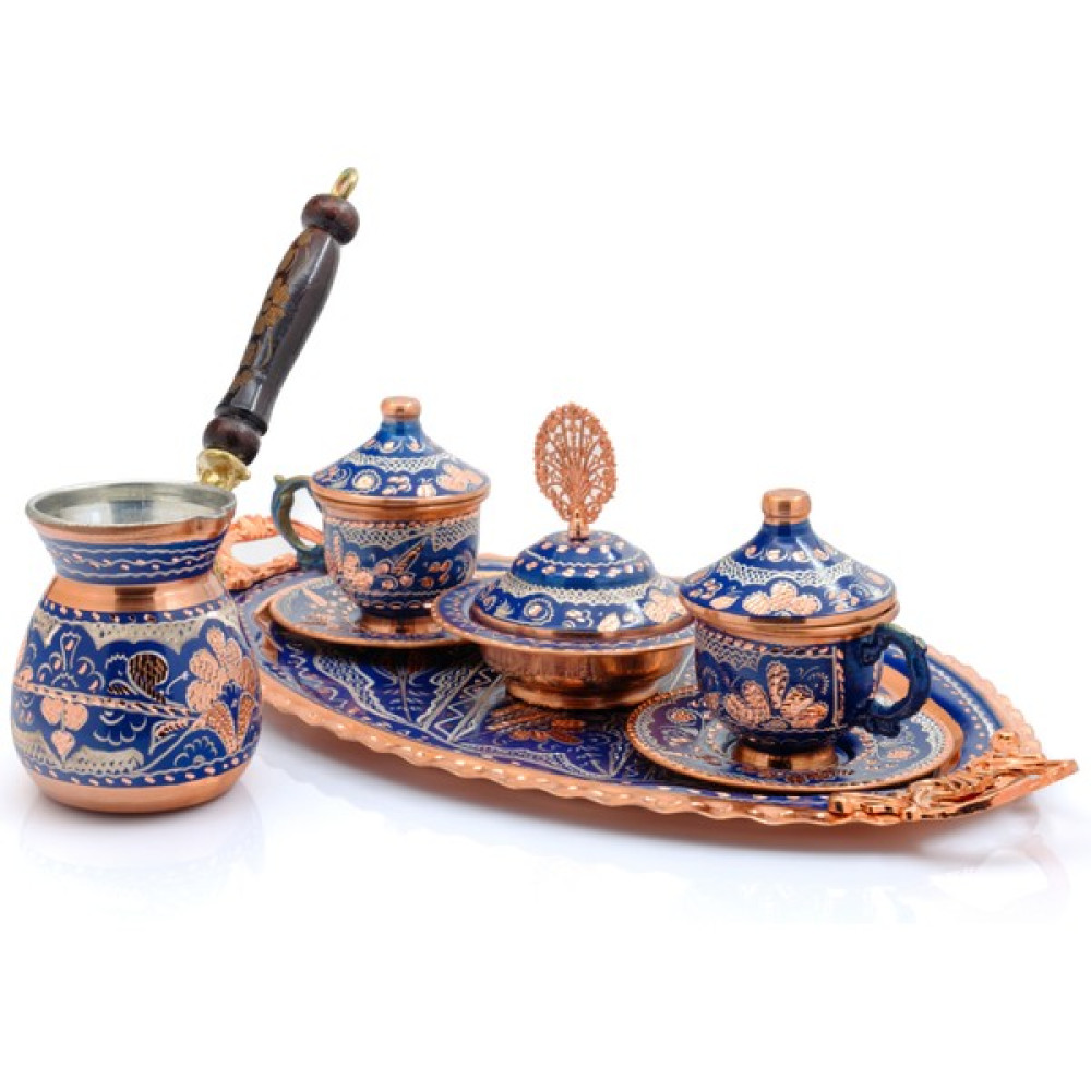 Eriza 2 Kişilik Işlemeli Cezveli Bakır Fincan Seti, Takımı ( Tepsi + Lokumluk + 2 Adet Fincan + Cezve ) - Mavi Fincan / Bardak / Kahve Takımı Fiyatı