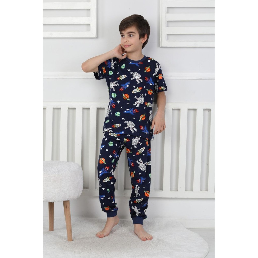 Erkek Çocuk %100 Pamuk Yazlık Kısa Kollu Pijama Takımı - Gezegen ve Uzay Temalı Diğer Fiyatı