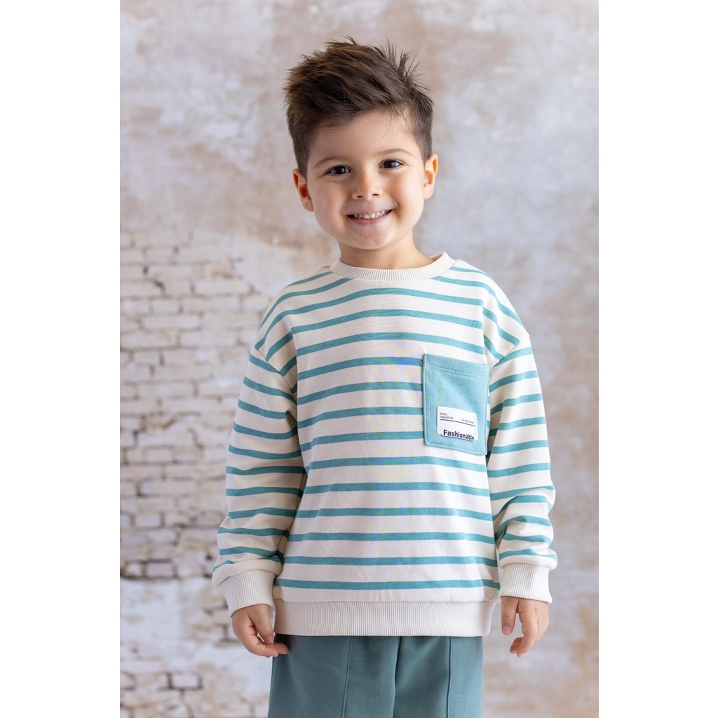 Erkek Çocuk Çizgili Cep Detaylı Sweatshirt - Mint Giyim & İç Giyim Fiyatı