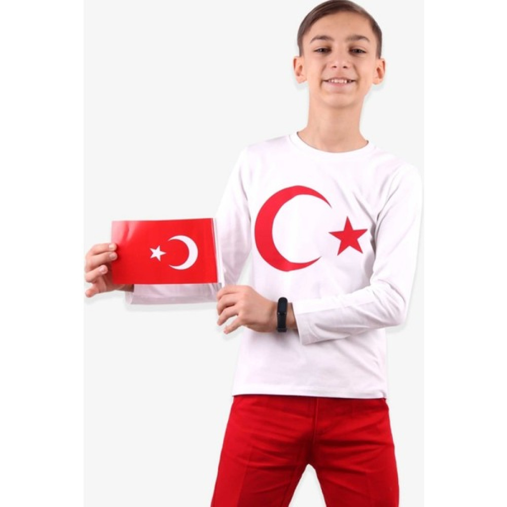 Erkek Çocuk Kız Çocuk Ay Yıldız Türk Bayraklı Beyaz Mevsimlik Tshırt Erkek Çocuk Sweatshirt Fiyatı