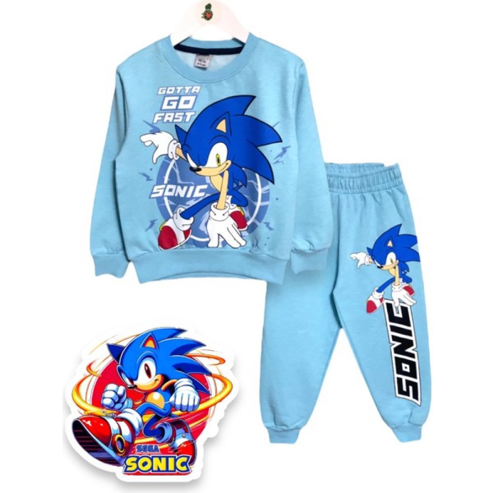 Erkek Çocuk Mavi Sonic Baskılı Uzun Kollu Şardonlu Sweatshirt / Eşofman Takımı Erkek Çocuk Eşofman Fiyatı