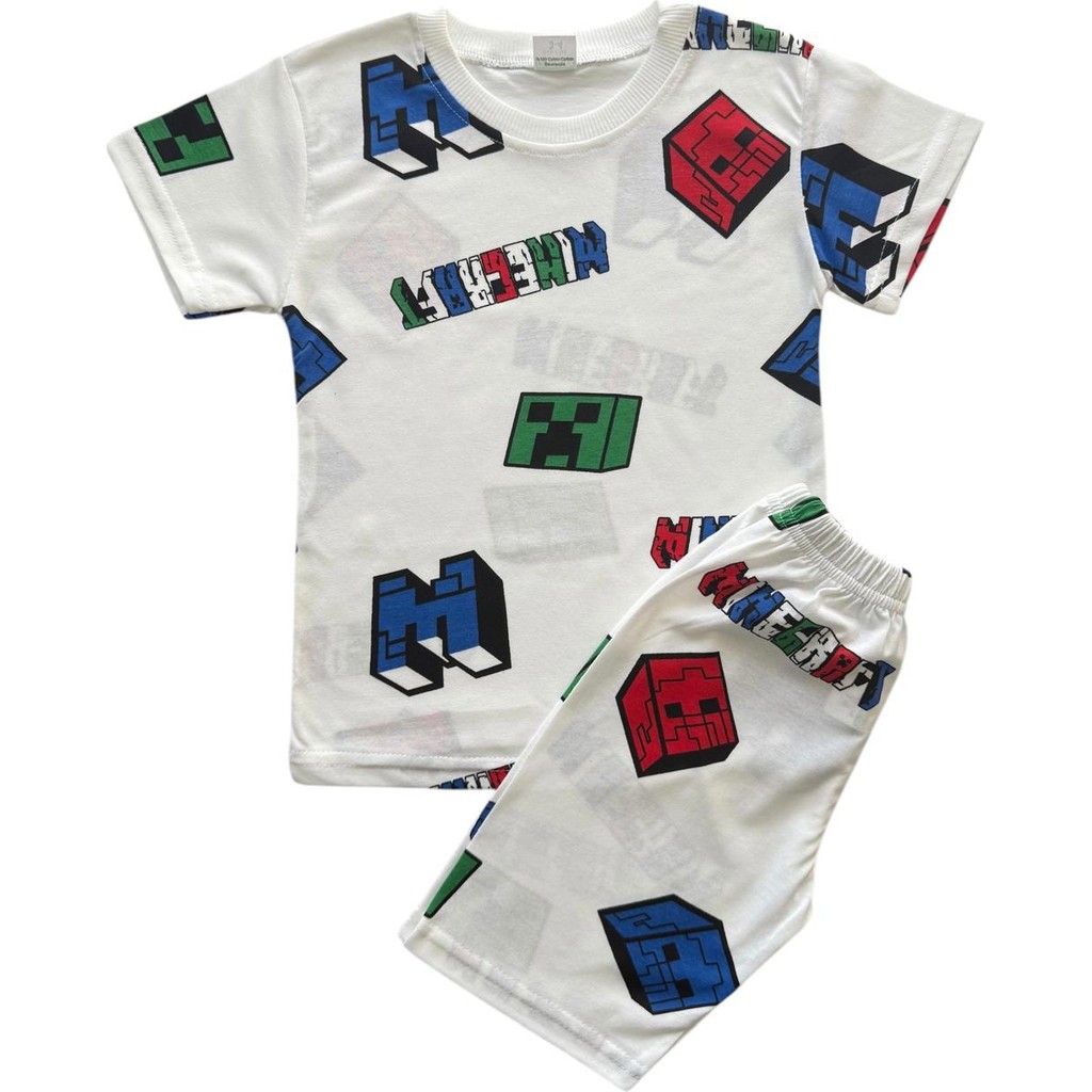Erkek Çocuk Pamuklu Beyaz Renk Yazı ve Küp Desenli Kısa Kollu Şortlu Yazlık Pijama Takımı Erkek Çocuk Pijama Fiyatı