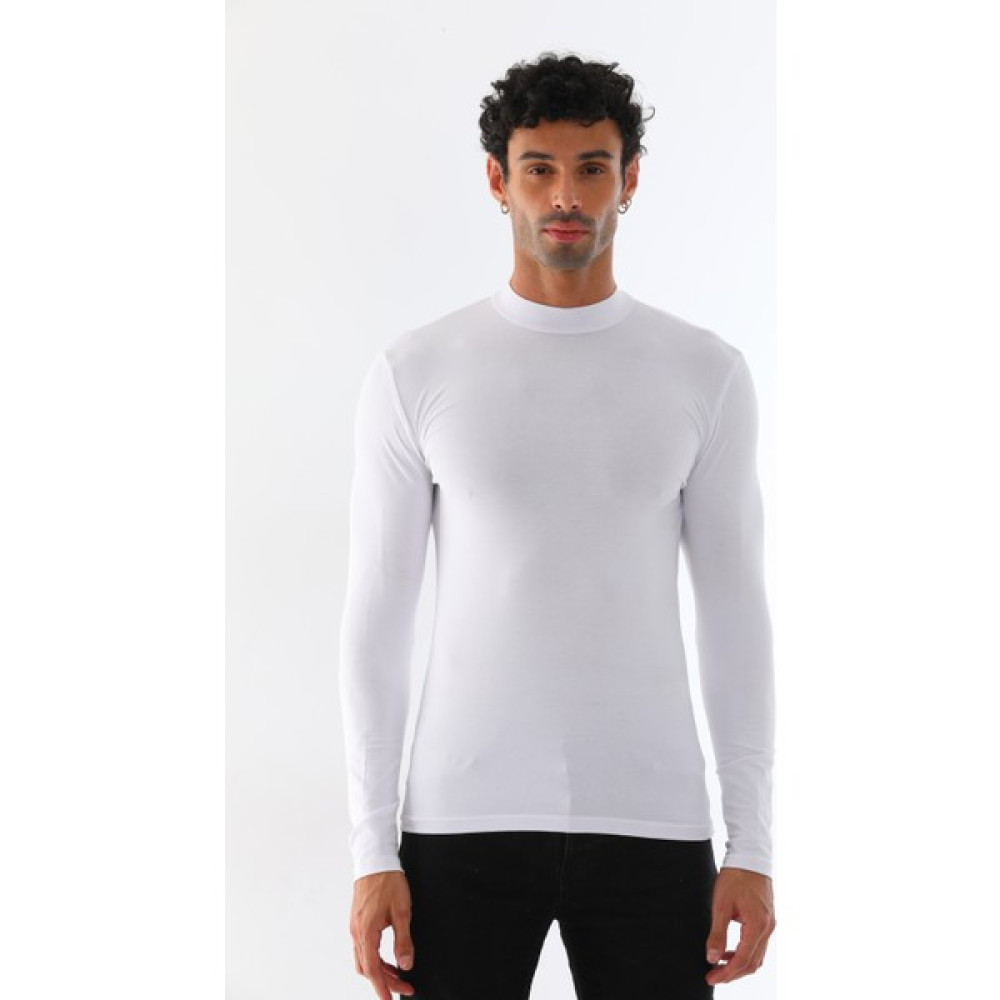 Erkek Dik Yaka Slim Fit Pamuk Likra Tişört-Beyaz Erkek T-shirt Fiyatı