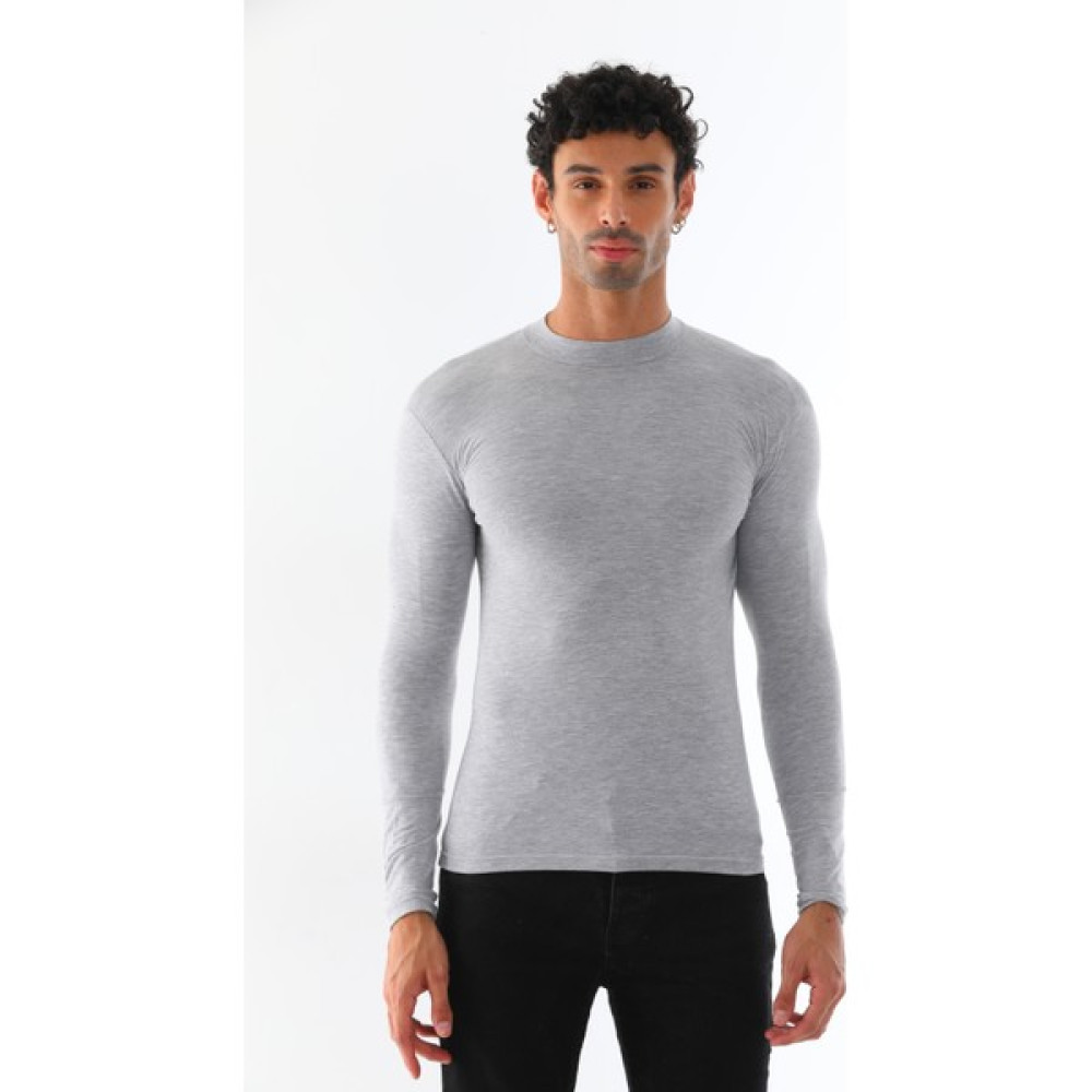 Erkek Dik Yaka Slim Fit Pamuk Likra Tişört-Gri Melanj Erkek T-shirt Fiyatı