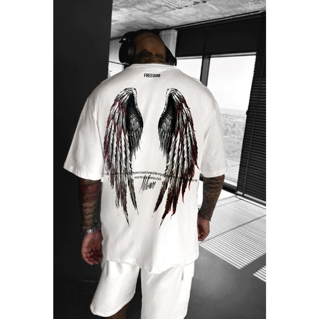 Erkek Ekru Beyaz Freedom Kanat Baskılı Oversize Salaş T-Shirt Giyim & İç Giyim Fiyatı