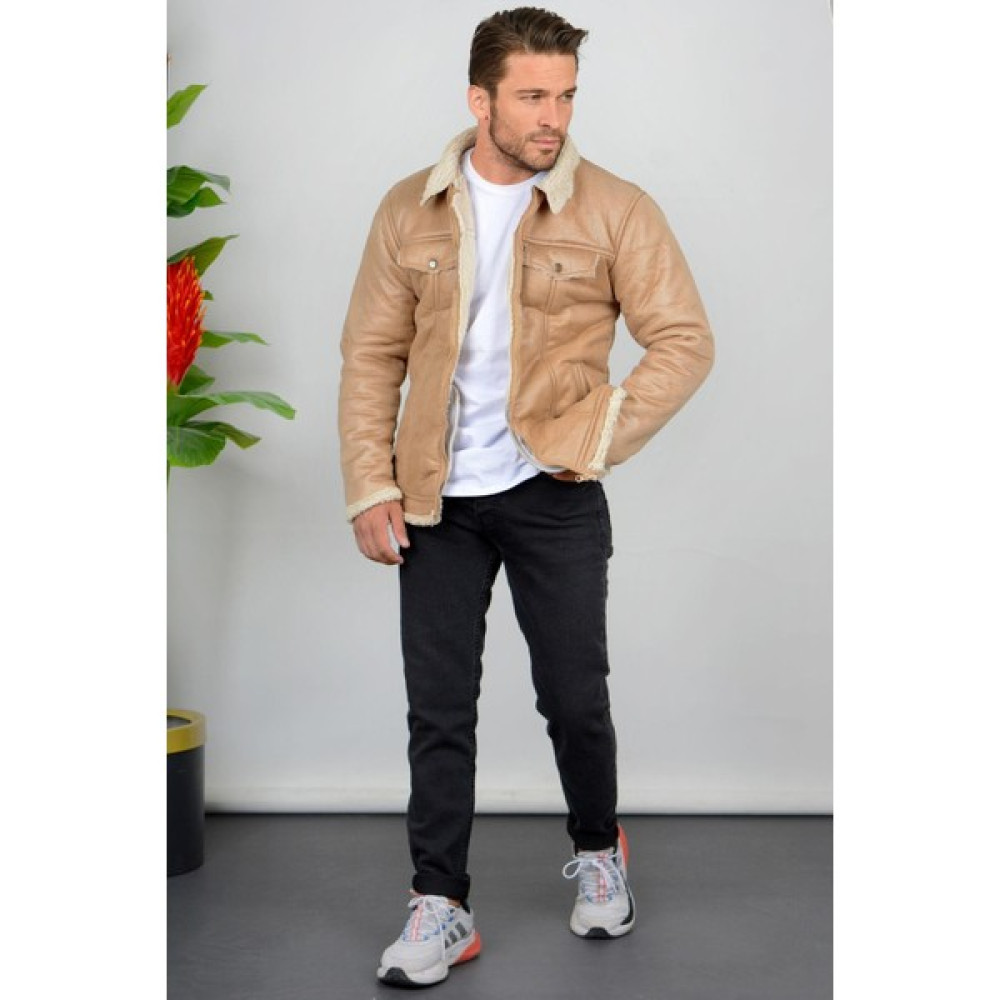 Erkek İçi Kürklü Slim Fit Premium Deri Mont Bej Edw001 Erkek Mont Fiyatı