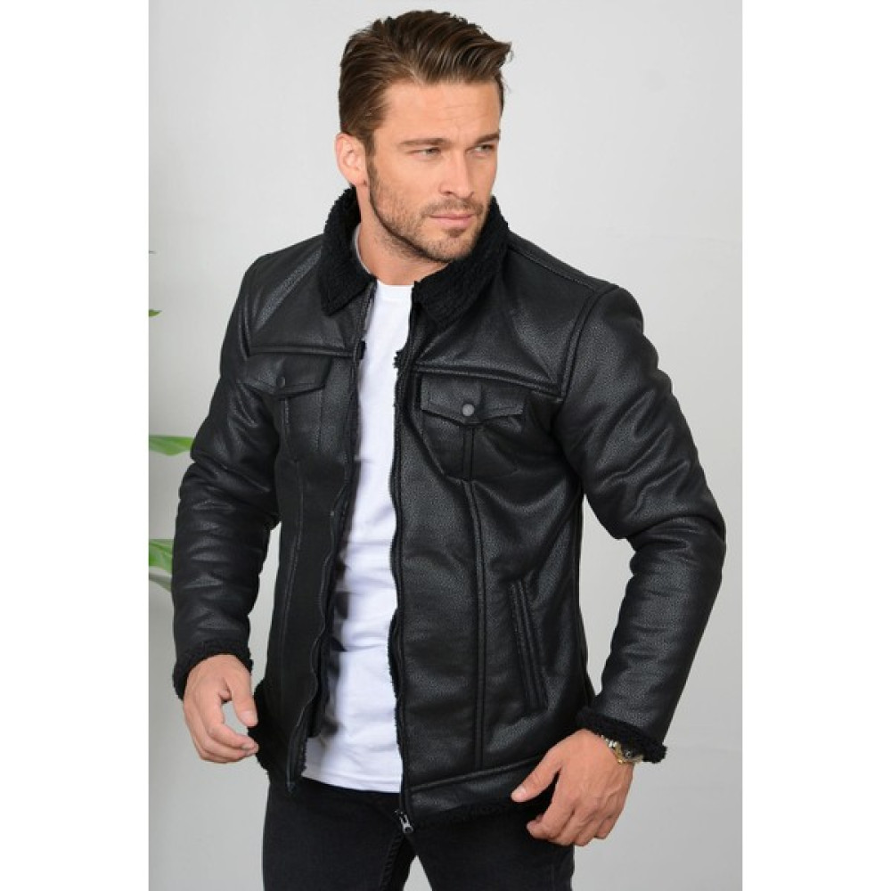 Erkek İçi Kürklü Slim Fit Premium Deri Mont Siyah Edw001 Erkek Mont Fiyatı