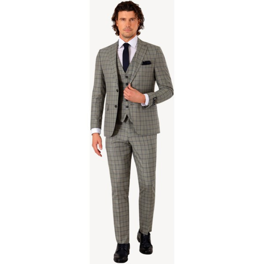 Erkek Lacivert Yeşil Slim Fit Yelekli Takım Elbise Erkek Takım Elbise Fiyatı