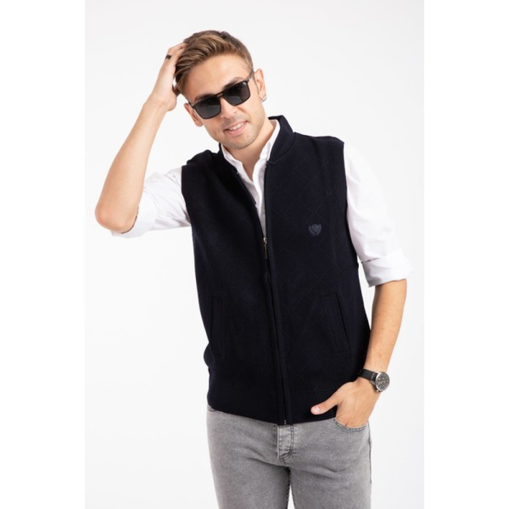 Erkek Orta Yaş ve Üzeri Triko Örgü Akrilik Kışlık Baba Fermuarlı Yelek 2073-Lacivert Erkek Yelek Fiyatı