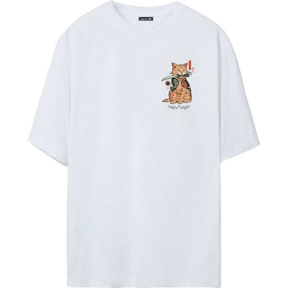Erkek Samuray Cat Baskılı Beyaz Oversize Tshirt Erkek T-shirt Fiyatı