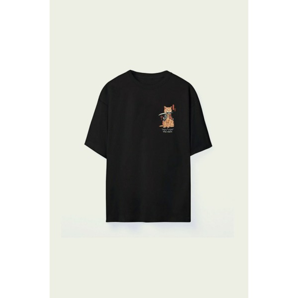 Erkek Samuray Cat Baskılı Siyah Oversize Tshirt Erkek T-shirt Fiyatı