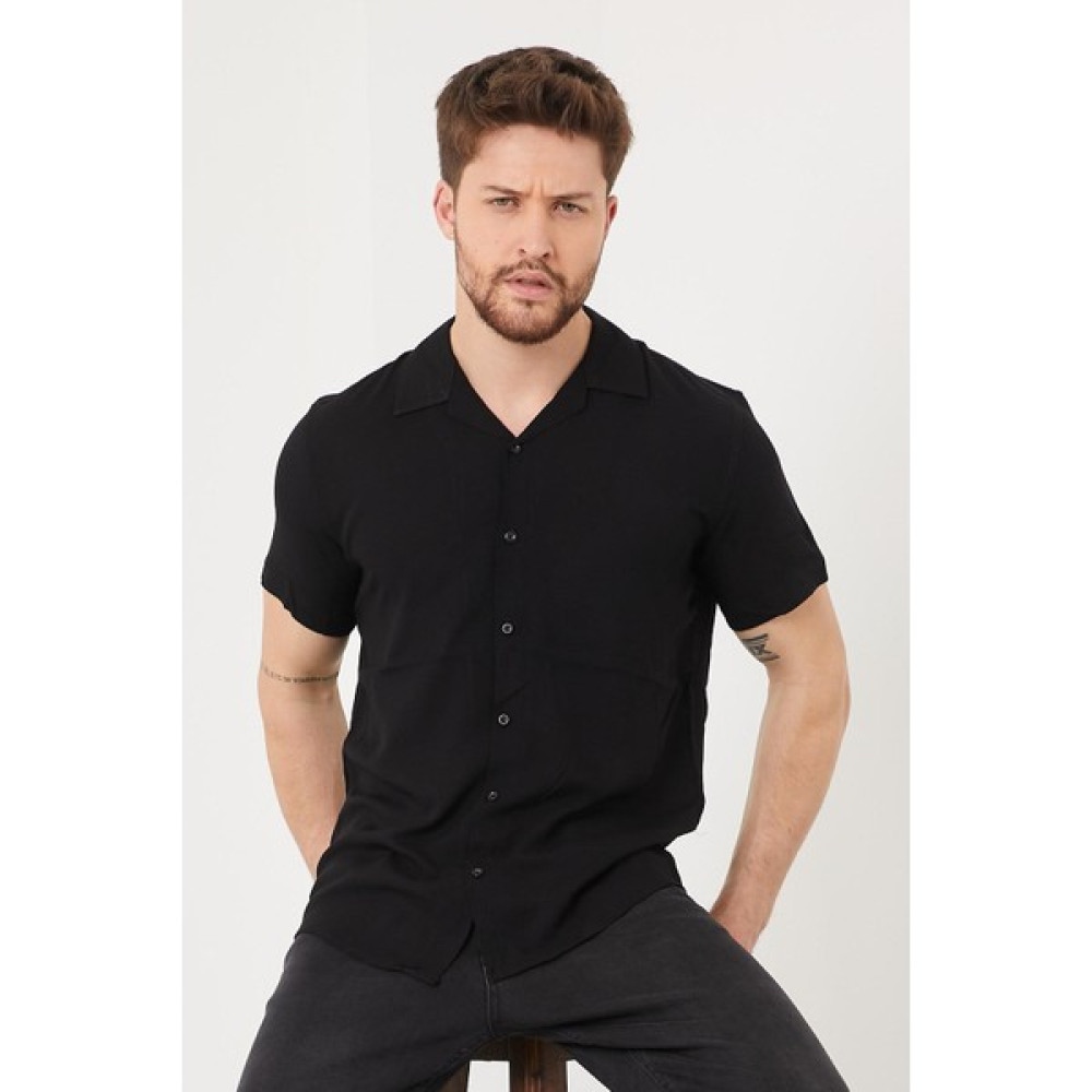 Erkek Slim Fit Keten Apaş Yaka Kısa Kollu Gömlek Siyah Erkek Gömlek Fiyatı