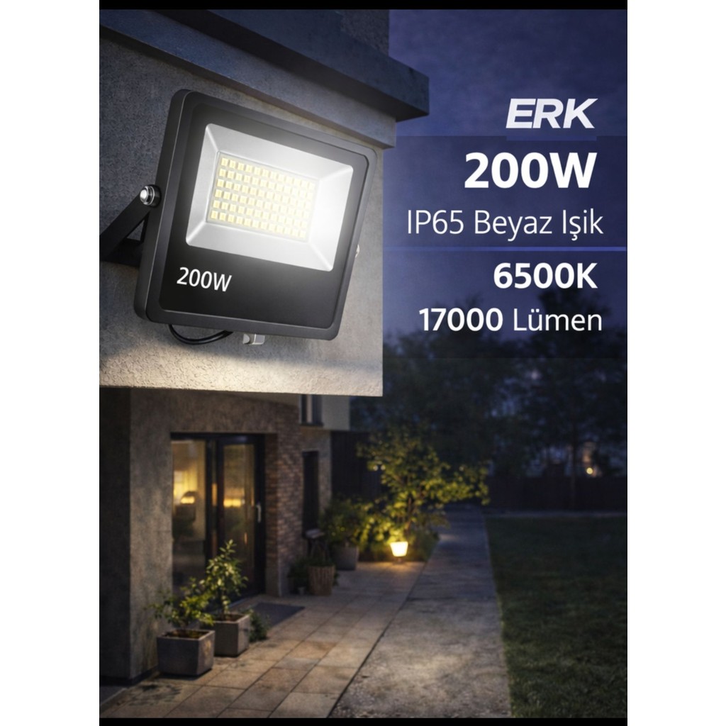 ERKLED LED Projektör 200W Beyaz Işık 6500K IP65 Su Geçirmez Dış Mekan Aydınlatma - 200 W Projeksiyon Fiyatı