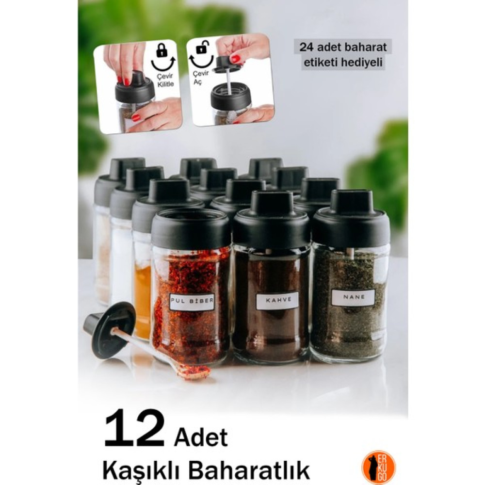 Erkugo 12 Adet Kilitlenebilir Kapaklı Kapağı Kendinden Kaşıklı - Kilitli Cam Baharatlık Takımı 300 ml Baharat Setleri & Baharatlıklar Fiyatı