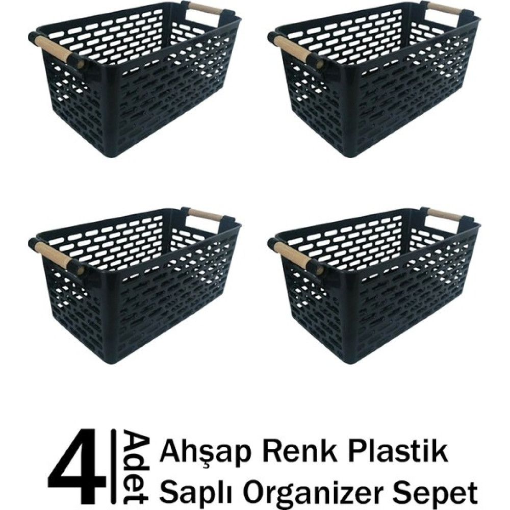 Erkugo 4 Adet Ahşap Renk Plastik Saplı Organizer Sepet, Düzenleyici - Diğer - Siyah Sepet Fiyatı