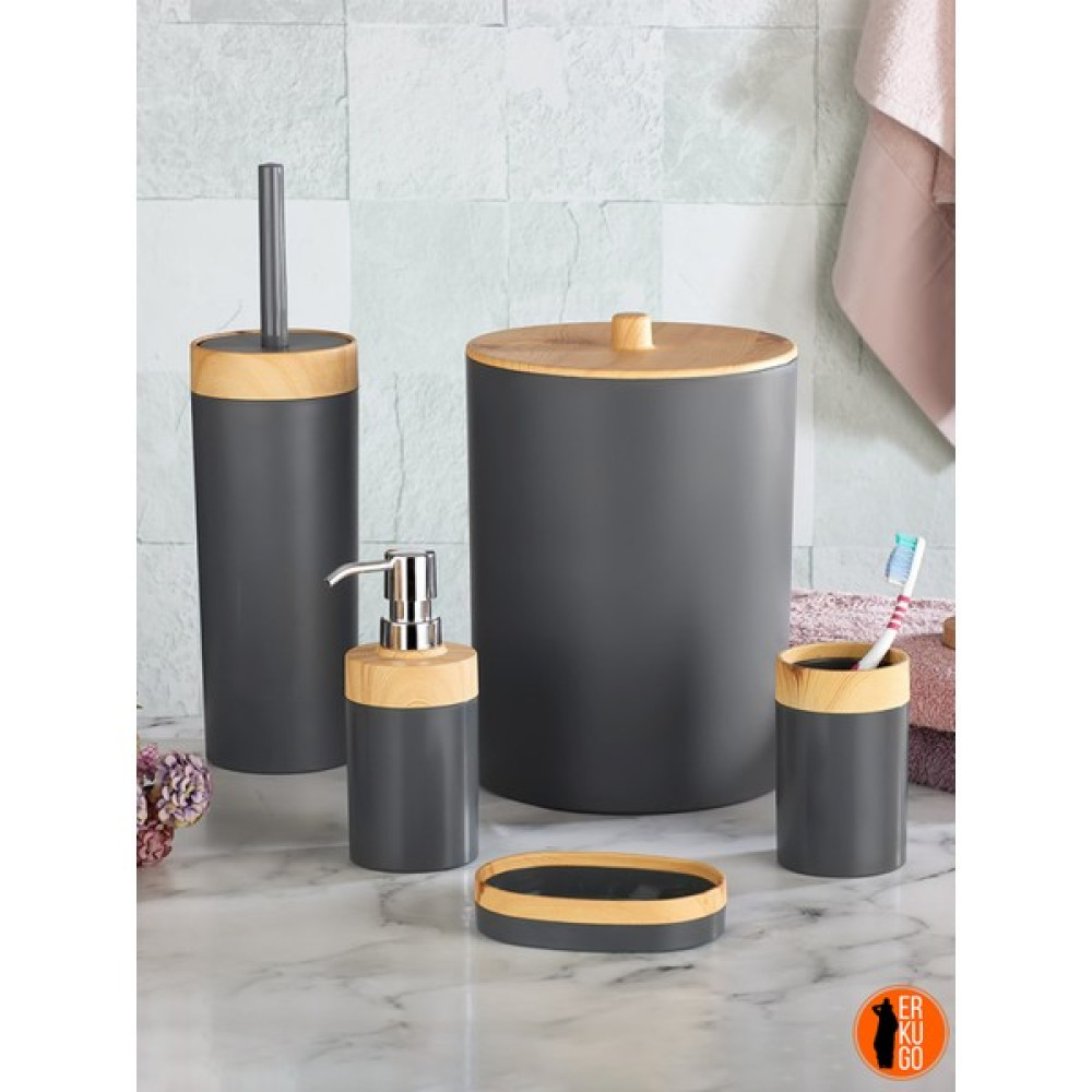 Erkugo 5'li Banyo Seti Bambu Görünümlü, Çöp Kovası, Sabunluk, Tuvalet Fırçası, Diş Fırçası Kabı - Gri Banyo Aksesuarları Fiyatı