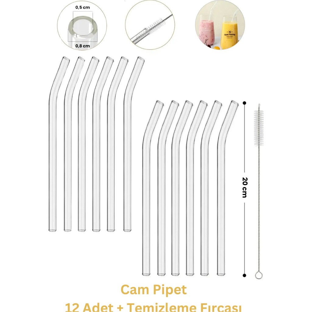Erkugo Cam Pipet 12 Adet ve Pipet Temizleme Fırçası, Cam Bardak Pipeti, Kalın Cam Pipet - Şeffaf Fincan / Bardak / Kahve Takımı Fiyatı