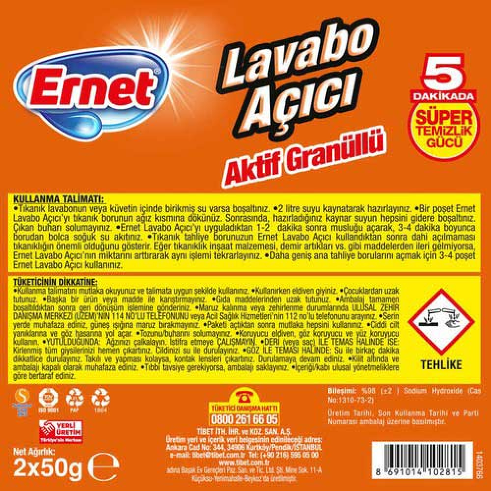 Ernet Lavabo Açıcı Granül 2 x 50 gr