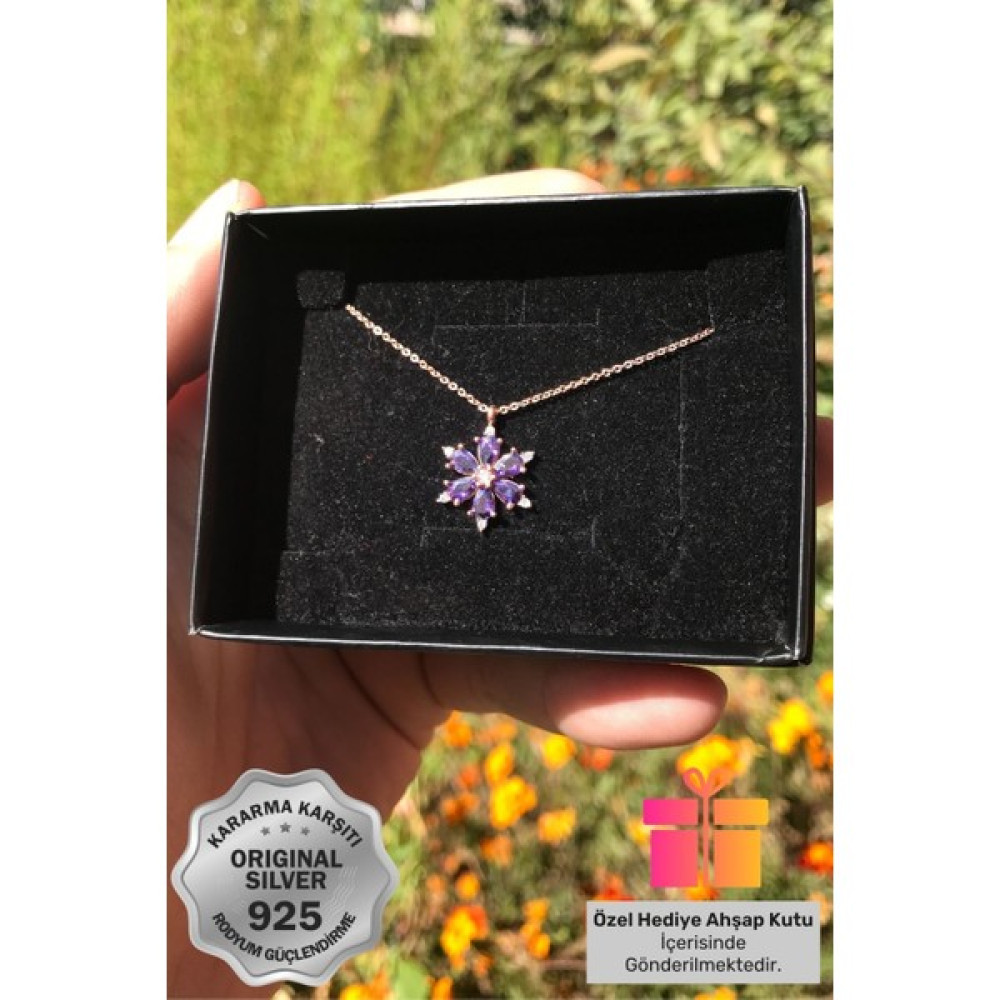 ernsilver Hediye Kutulu 925 Ayar Gümüş Zincirli Lotus Çiçeği Ametist Taşlı Kolye Rose Kaplama Mor Kamelya Kolyesi Gümüş Kolye Fiyatı