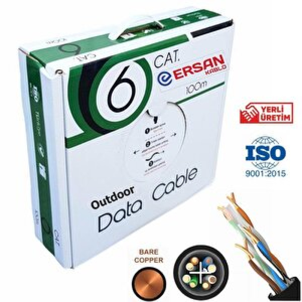 Ersan Kablo 23awg Bakır Cat6 Outdoor Dış Ortam Kablo 100mt Siyah Ağ / Network Kablosu Fiyatı