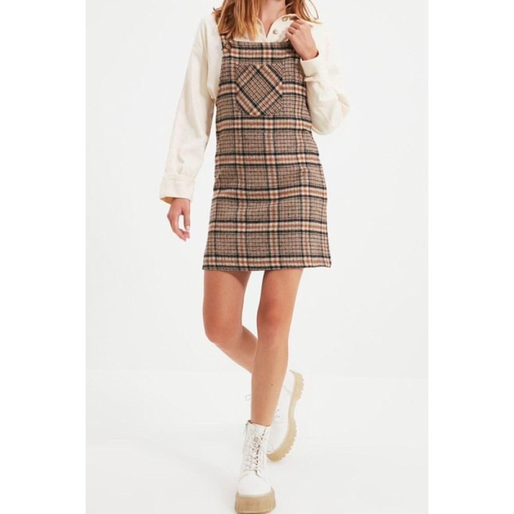 Ersefa Moda Fit Casual Günlük Flanel Dokuma Kare Yaka Askılı Kol Jile Mini Boy Elbise Elbise Fiyatı