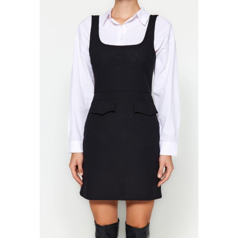Ersefa Moda Regular Casual Günlük Tüvit Dokuma Kare Yaka Askılı Kol Jile Mini Boy Elbise Elbise Fiyatı