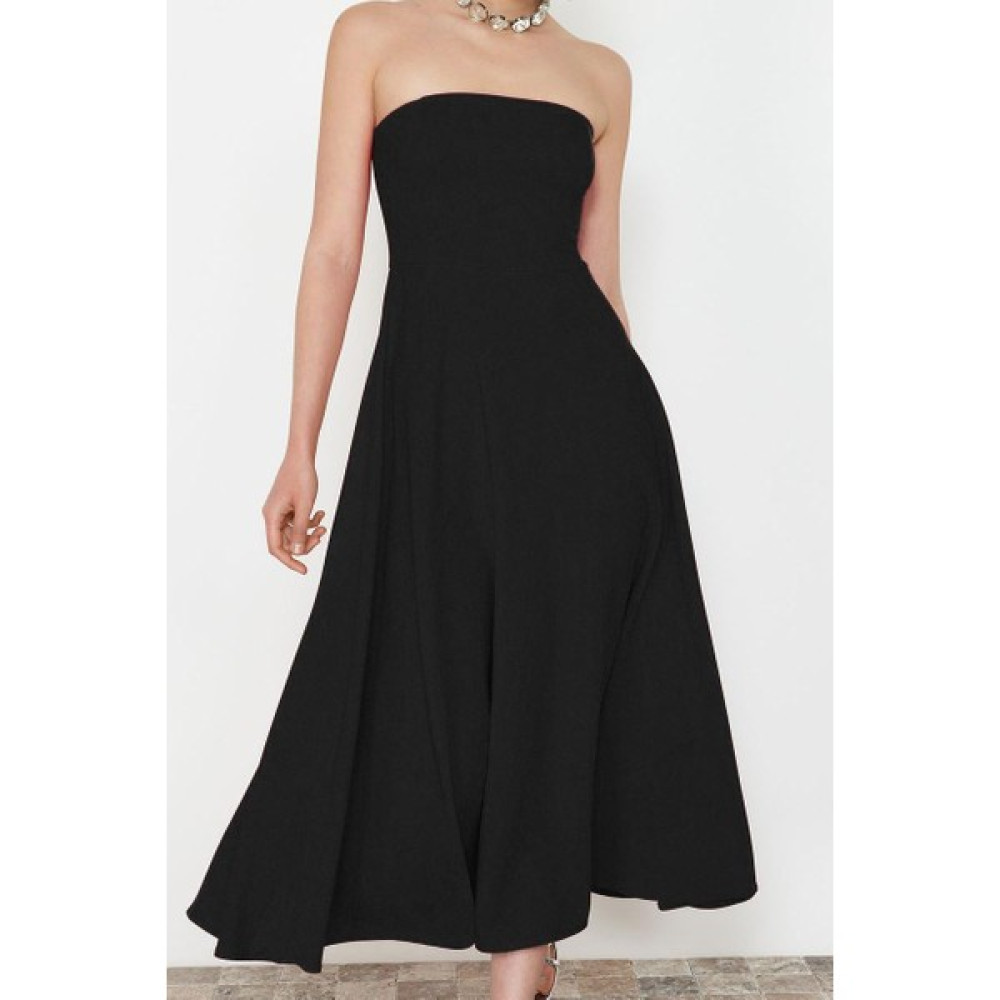 Ersefa Moda Stil Fitted Straplez Midi Boy A-Kesim Dokuma Şık Abiye Elbise Elbise Fiyatı