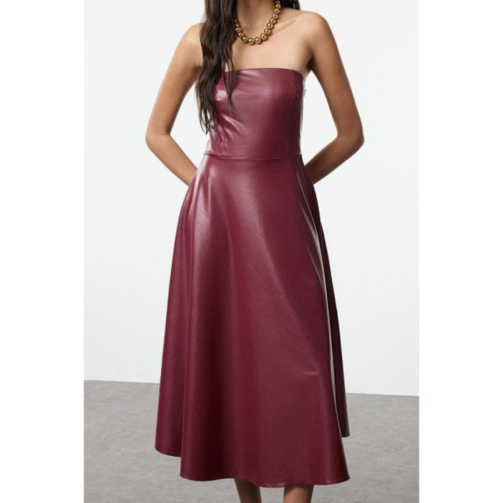 Ersefa Moda Stil Fitted Straplez Midi Boy Bordo Suni Deri A-Kesim Örme Elbise Elbise Fiyatı
