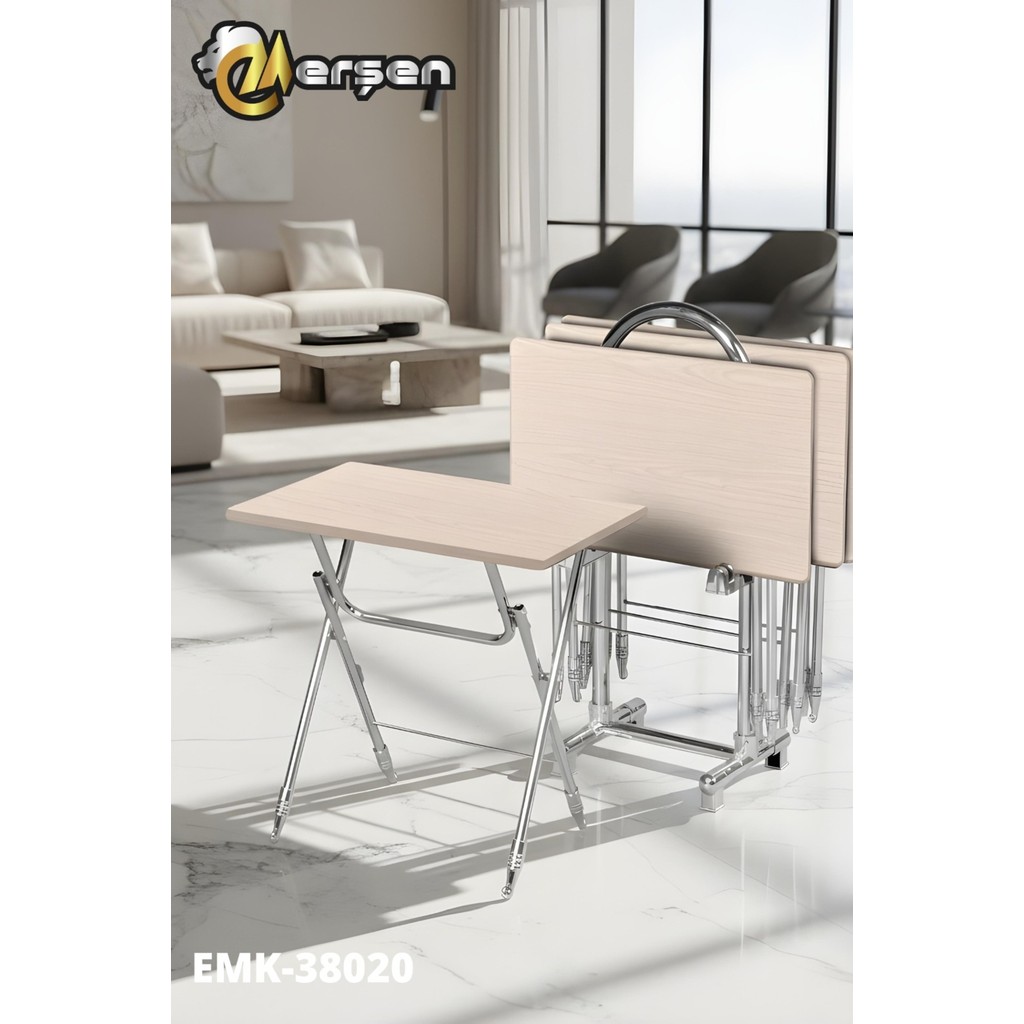 Erşen Eranş Serisi 4'lü Katlanır MDF Mebran Açık Meşe Desen Çanta Zigon Sehpa Metal Ayak Krom Kaplama - Ahşap Desen Krom Ayak Gri Yan Sehpa Fiyatı