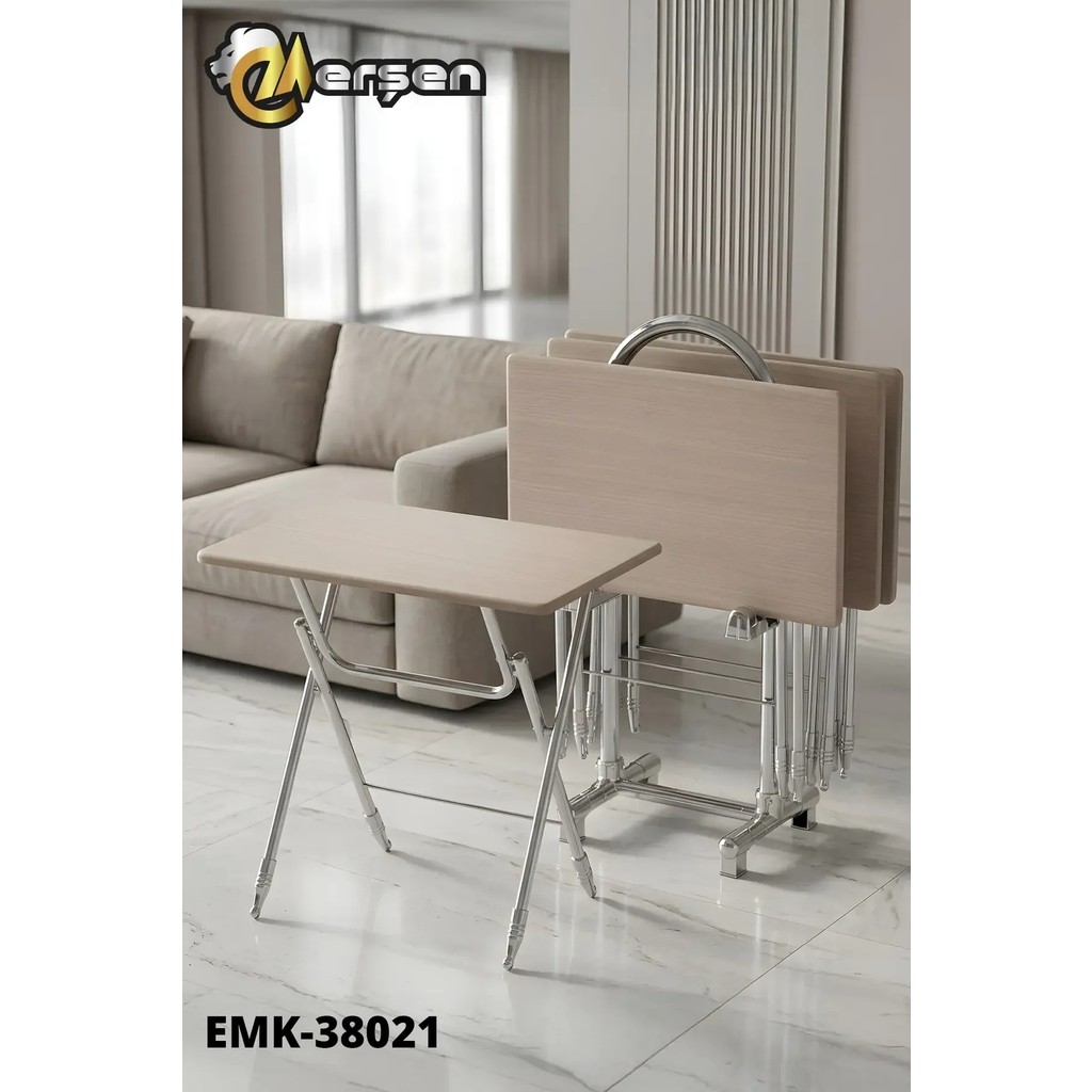 Erşen Eranş Serisi 4'lü Katlanır MDF Mebran Açık Meşe Desen Çanta Zigon Sehpa Metal Ayak Krom Kaplama - Koyu Ahşap Krom Ayak Gri Yan Sehpa Fiyatı