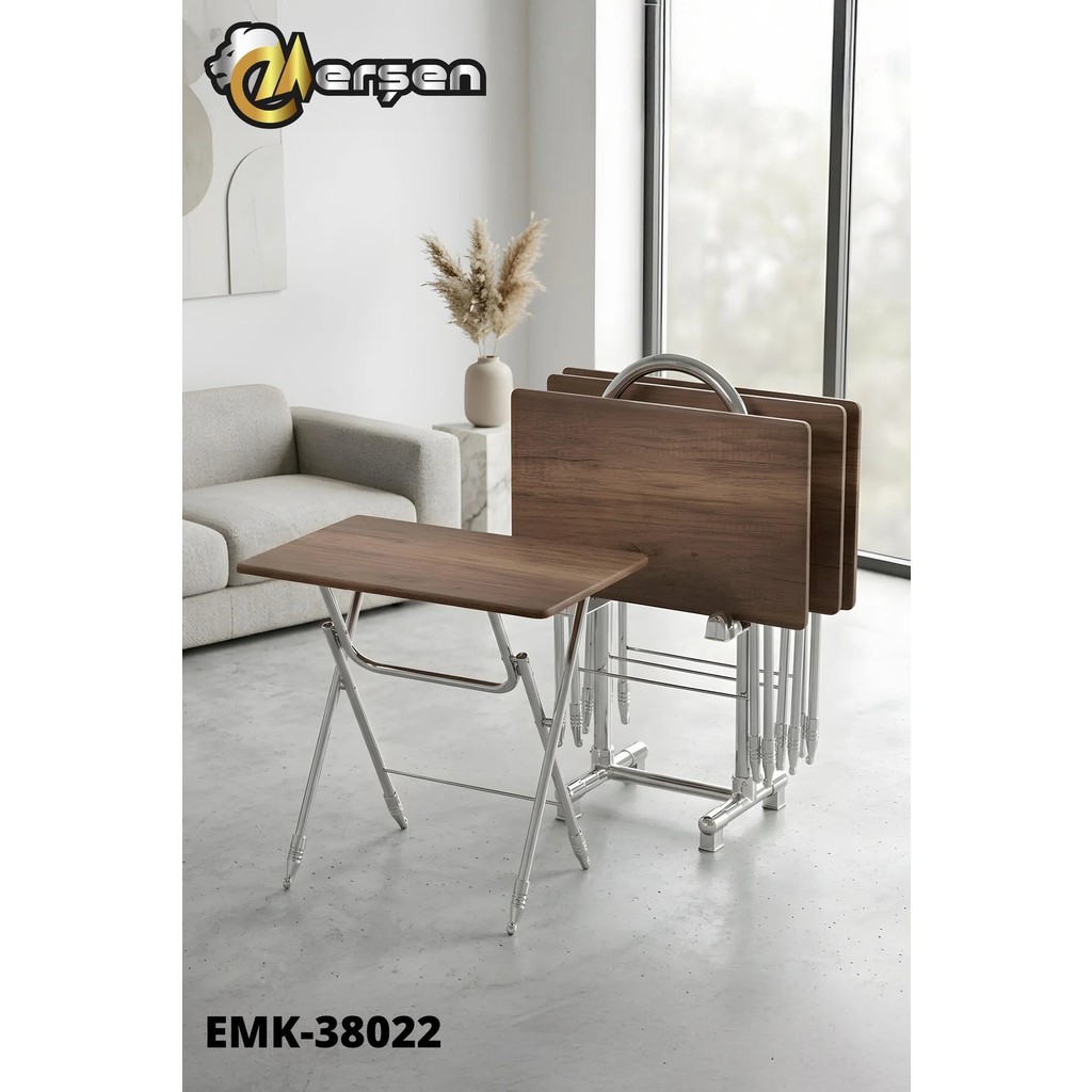 Erşen Eranş Serisi 4'lü Katlanır MDF Mebran Atlantik Çam Desen Çanta Zigon Sehpa Metal Ayak Krom Kaplama - Koyu Ahşap Desen Krom Ayak Gri Yan Sehpa Fiyatı