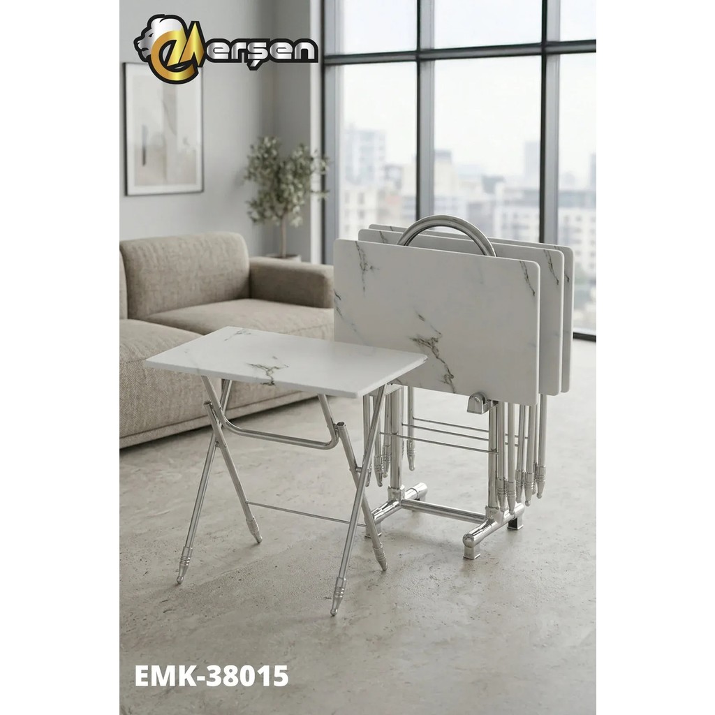 Erşen Eranş Serisi 4'lü Katlanır MDF Mebran Beyaz Mermer Desen Çanta Zigon Sehpa Metal Ayak Krom Kaplama - Beyaz Mermer Desen Krom Ayak Gri Yan Sehpa Fiyatı