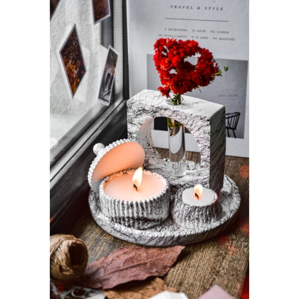 Ersustore 5 Parça Mermer Desen Dekoratif Beton Vazo ve Vanilya Kokulu Soya Wax Mumluk Takımı - Beyaz Dekoratif Mum Fiyatı