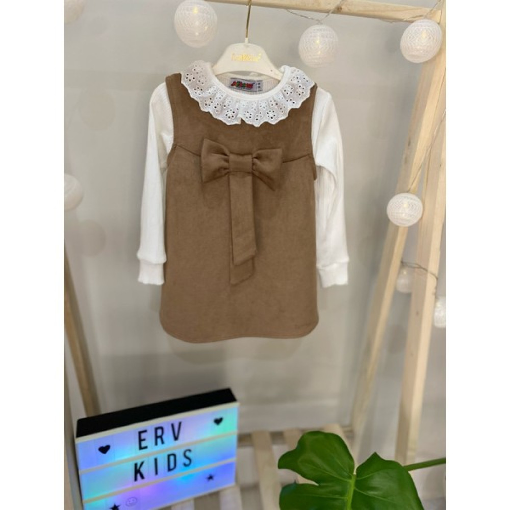 Erv Kids Ervkids Kız Çocuk Süet Fiyonklu Scuba Elbise Güpür Yaka Badi Kombin- Taba-Kahve /bayramlık / Kız Çocuk Elbise Fiyatı