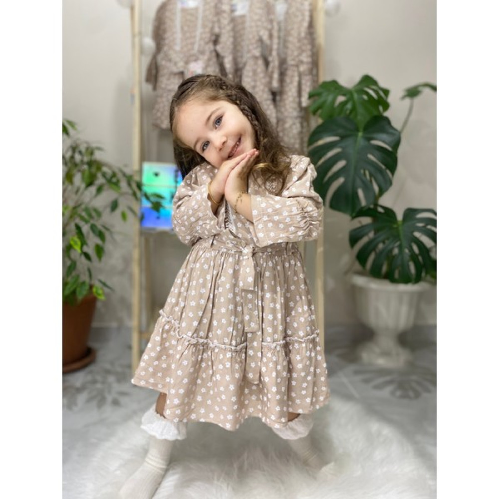 Erv Kids Kız Çocuk bej Çiçekli Elbise /Bayramlık/Günlük / Kız Çocuk Elbise Fiyatı