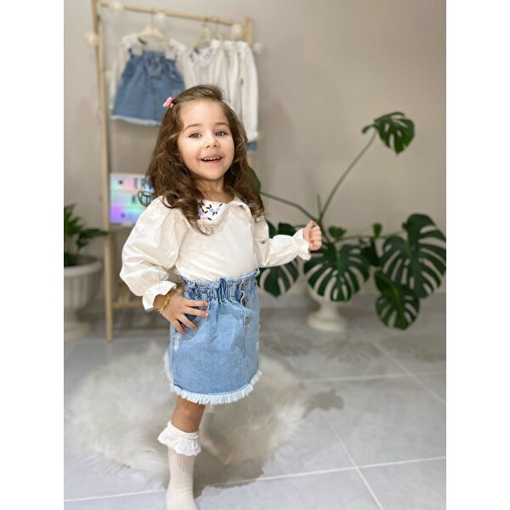 Erv Kids Kız Çocuk Kot Etek Bebe Yaka Işlemeli Beyaz Bluz 2'li Kot Takım Etek Fiyatı