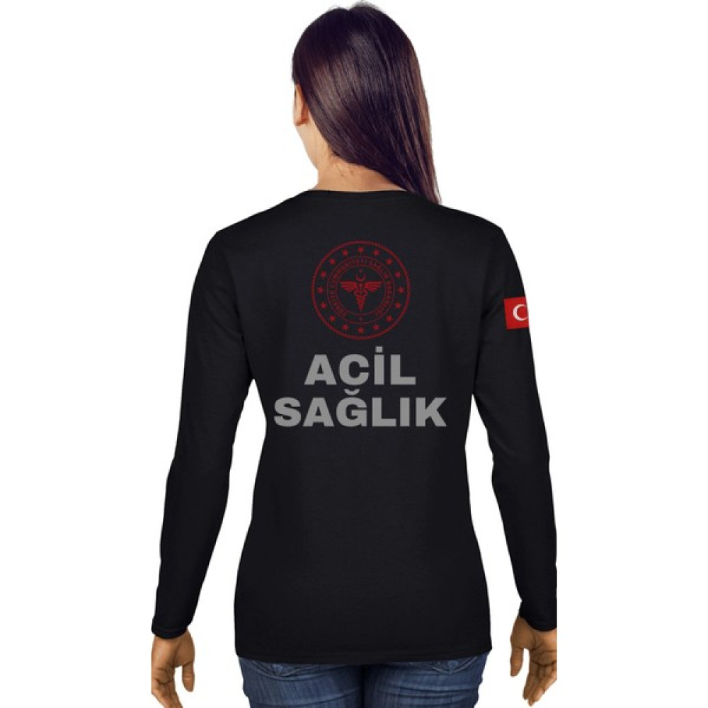 Erva Giyim Eva Giyim - 112 Acil Sağlık Kadın Tişört Siyah Uzun Kollu Pamuk Rahat Kalıp Bisiklet Yaka Bayan T-shirt Fiyatı