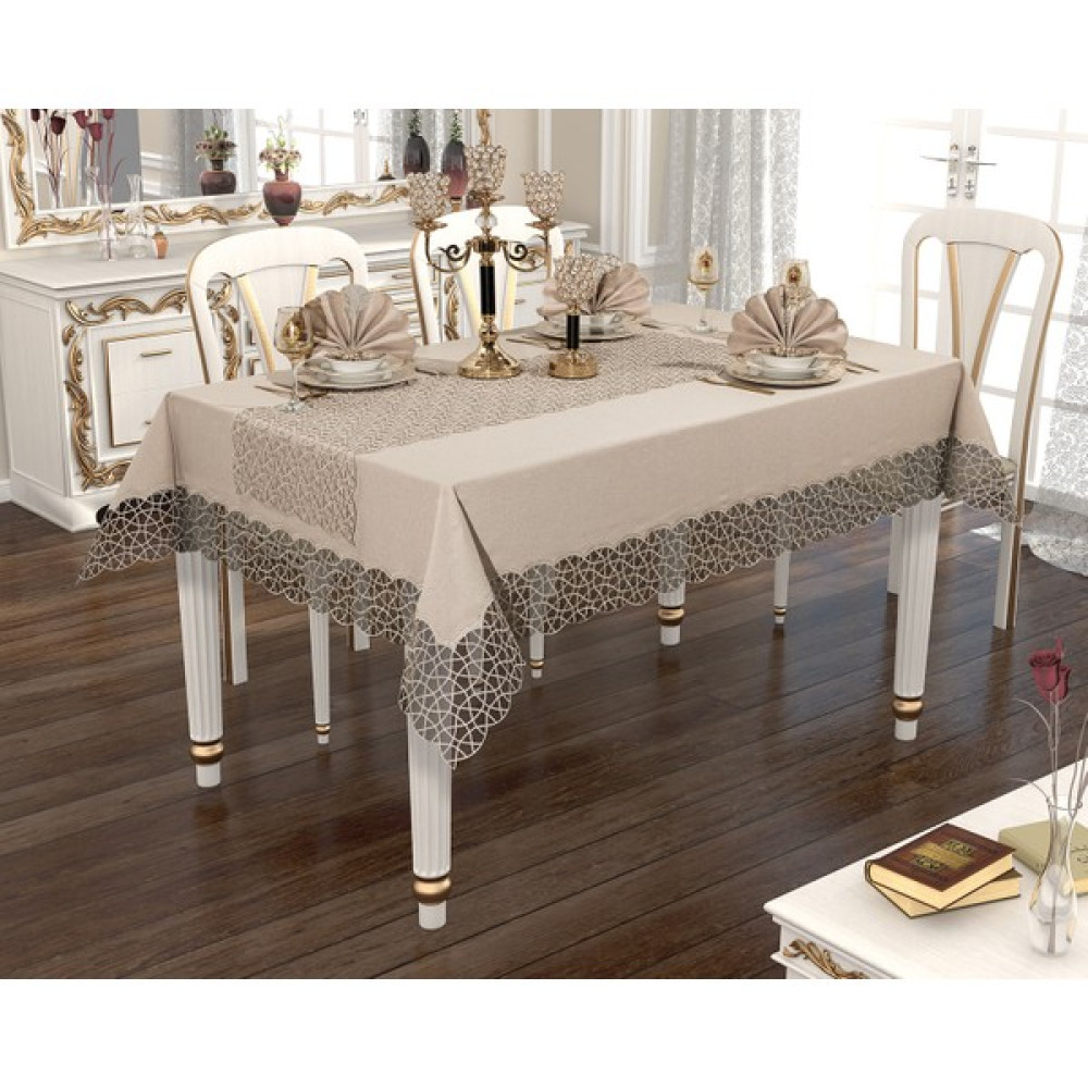 Erva Home Design Erva Home Angles 12 Kişilik Yemek Seti - 160 x 260 cm - Açık Kahverengi - Gold Masa Örtüsü Fiyatı